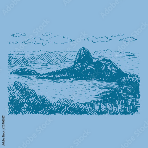 View of Sugar Loaf in Rio de Janeiro, Brazil. Vector freehand pencil sketch.