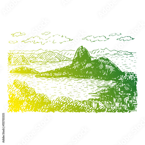 View of Sugar Loaf in Rio de Janeiro, Brazil. Vector freehand pencil sketch.