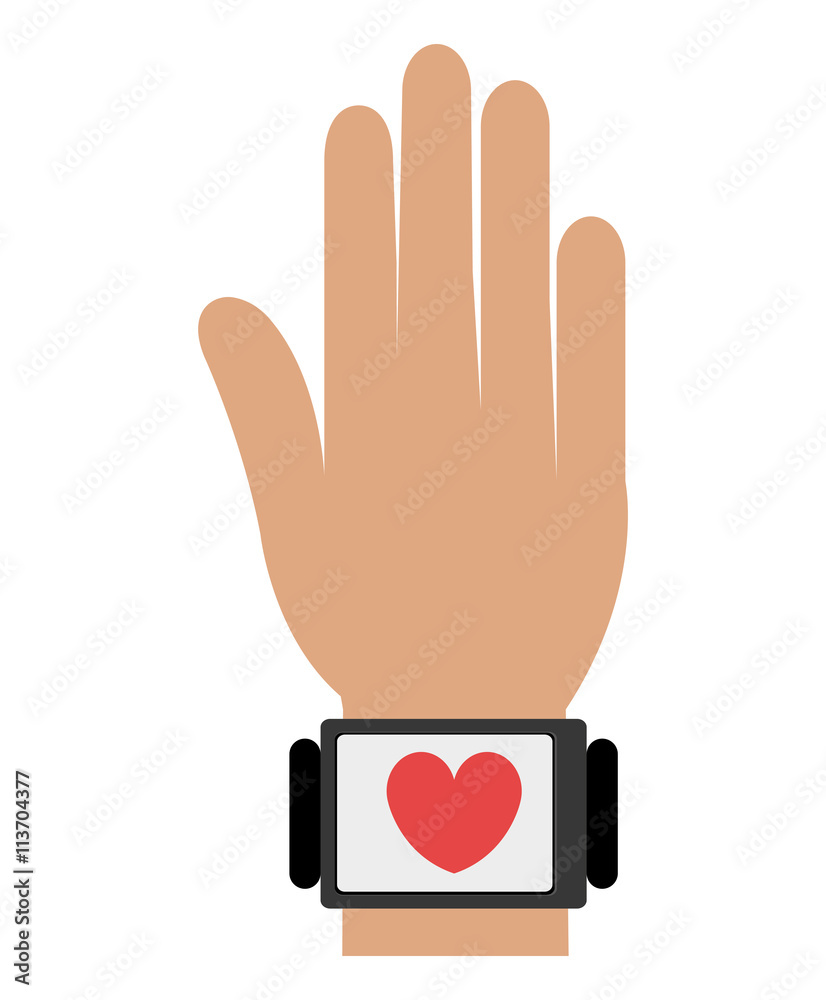 cartoon human hand weating black watch with red heart icon on the screen over isolated background, vector illustration cartoon human hand weating black watch with red heart icon on the screen over isolated background, vector illustration