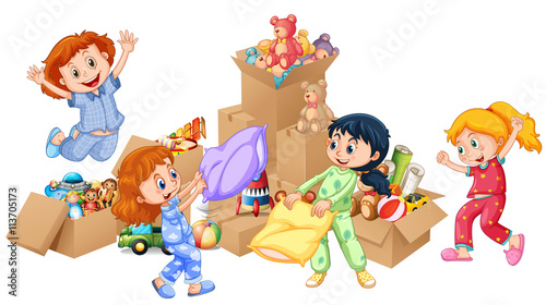 Four girls playing with toys