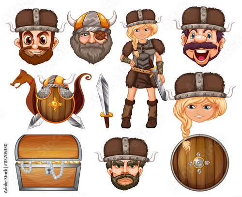 Viking heads and weapons