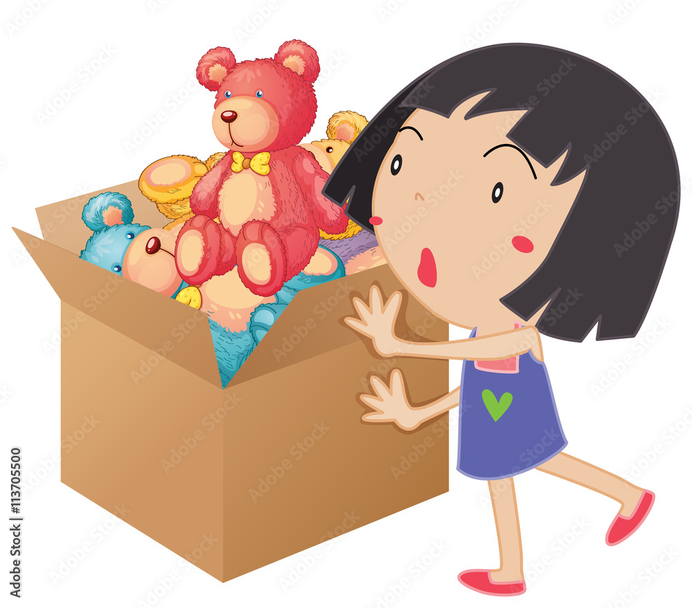 Girl pushing box full of teddy bears