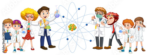 People in white gown and sciene symbol