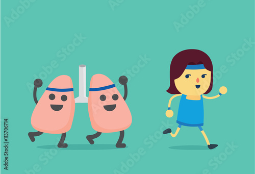 Woman workout with running and lung imitate her. This illustration about when a woman running like a lung get exercising.