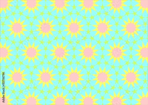 Imitation of Arab tiles with geometric shapes of different colors cian and pale yellow and green
