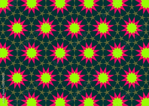  Imitation of Arab tiles with geometric shapes of different colors dark green and pink