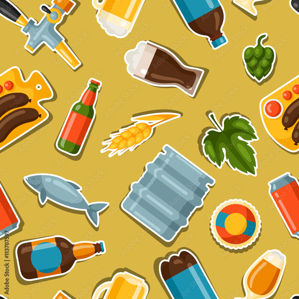 Seamless pattern with beer stickers and objects