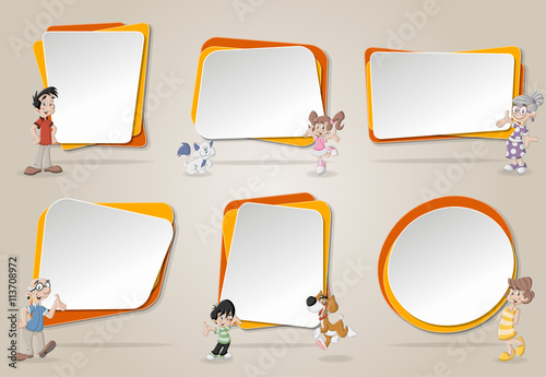 Vector banners / backgrounds with cute happy cartoon family with pets. Design text box frames. 
