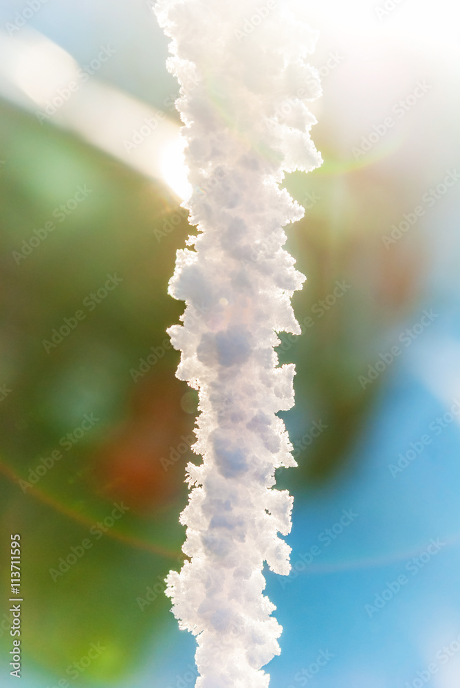 Naklejka premium Snow water icicle detail macro bokeh background backdrop