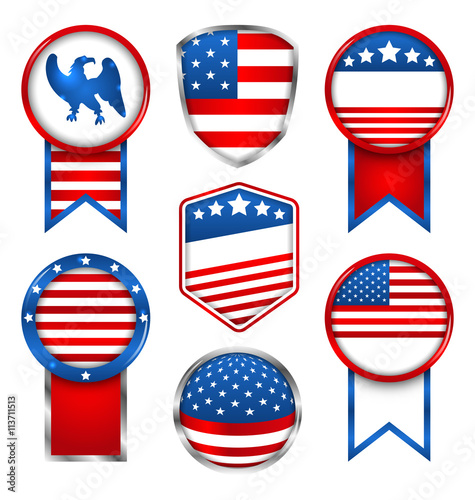 Illustration Set of Various Graphics and Labels, Emblems in Traditional American Colors