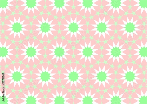 Imitation of Arab tiles with geometric shapes of different colors pale white pink and green