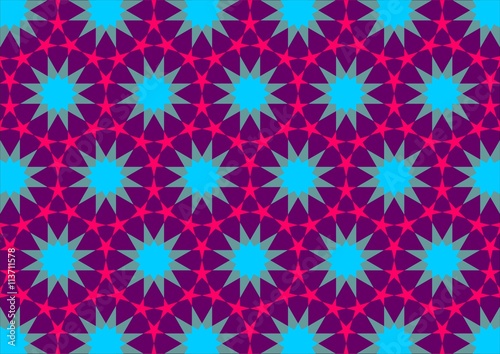 Imitation of Arab tiles with geometric shapes of different colors purple pink and cian