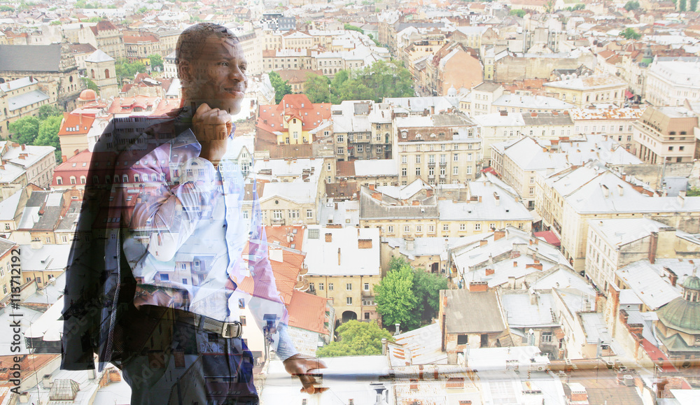Handsome African American businessman on city transparent background