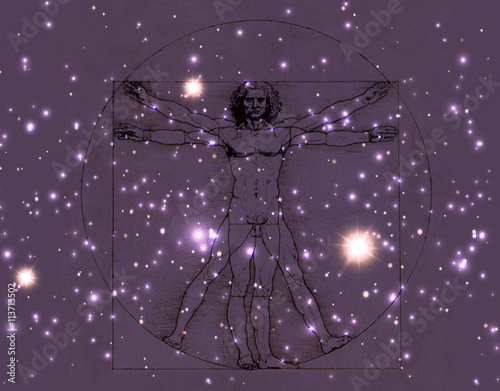 Leonardo Da Vinci Vetruvian Man, human anatomy. Cosmic background