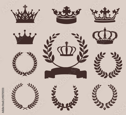 Crown and wreaths icons. Vector illustration