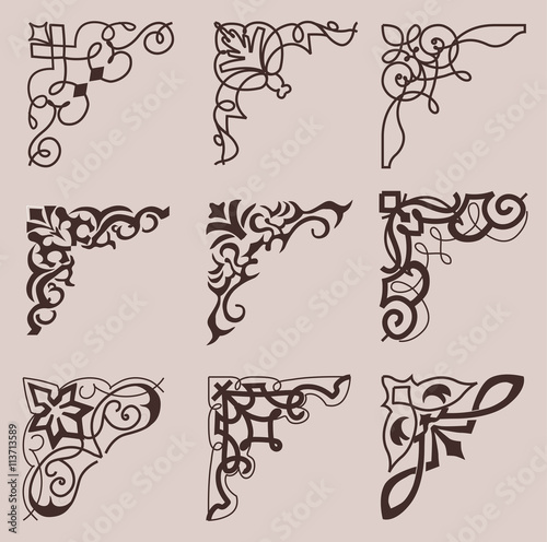 Collection vintage decorative corner with floral elements for design