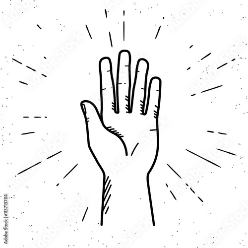 Human hand giving a high five for great work. Vintage illustration for icon in hipster style of high five fingers with sunburst rays engrave isolated on white background