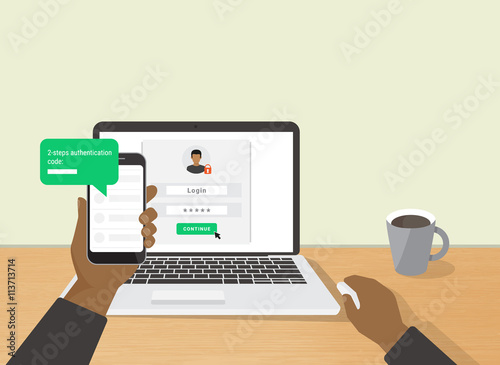 2 steps authentication concept flat illustration of human hand holds smartphone and have a message with id verification code. African man sitting at desktop and getting access to the website