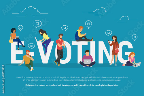 E-voting concept illustration of young people using mobile gadgets such as laptop, tablet and smartphone for online voting via electronic internet system. Flat guys and women near letters evoting