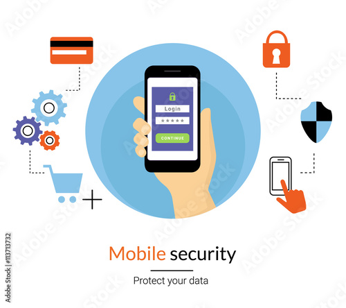 Mobile website authentication concept line illustration of human hand holds smartphone and do log in using verification password or code. Get an access to the website flat icon with security symbols