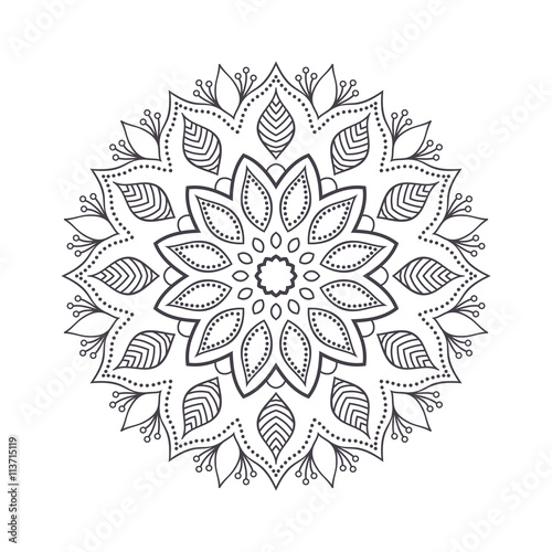 Fototapeta Naklejka Na Ścianę i Meble -  Hand drawn flower mandala for coloring book. Black and white ethnic henna pattern. Indian, asian, arabic, islamic, ottoman, moroccan motif. Vector illustration.