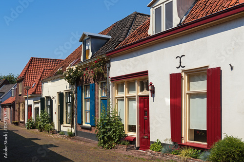 Single-storey houses on the street of the old city of Duisburg, The Netherlands