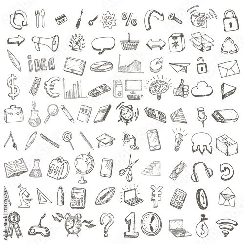 School and office hand drawn set of icons.