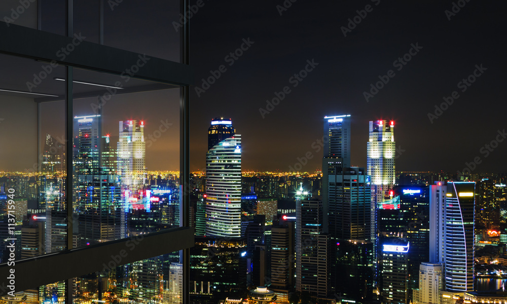 Balcony with illuminated Singapore view Balcony with illuminated Singapore view