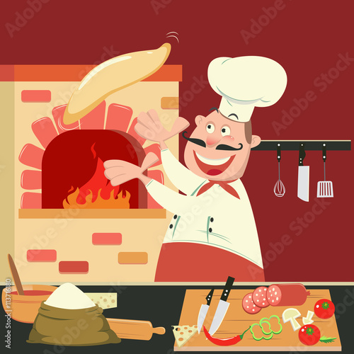 Chef is Making Pizza in the Furnace. Pizzeria Kitchen. Vector illustration
