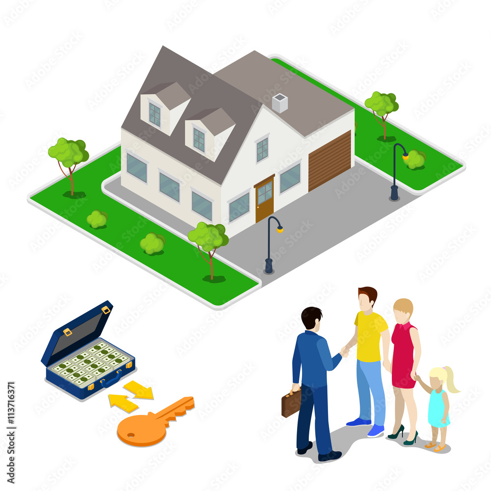 Real Estate Business. Broker Agent Selling House to Young Family. Isometric People. Vector illustration Real Estate Business. Broker Agent Selling House to Young Family. Isometric People. Vector illustration