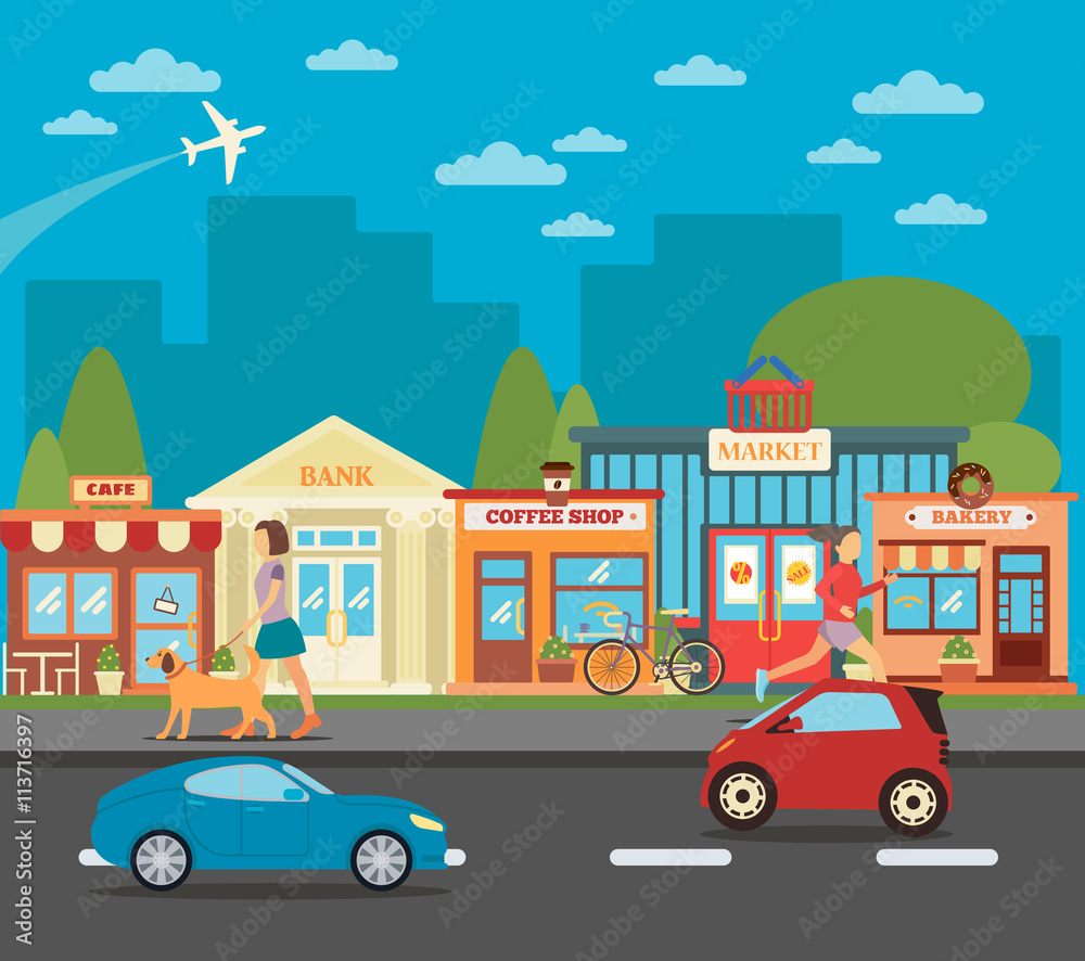 Small Town. Urban Cityscape with Shops, Active People and Cars. Vector illustration