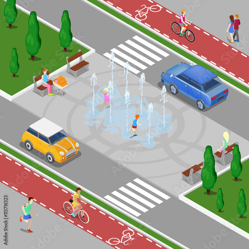 Modern City Isometric Concept. City Fountain with Children. Bicycle Path with Riding People. Vector illustration