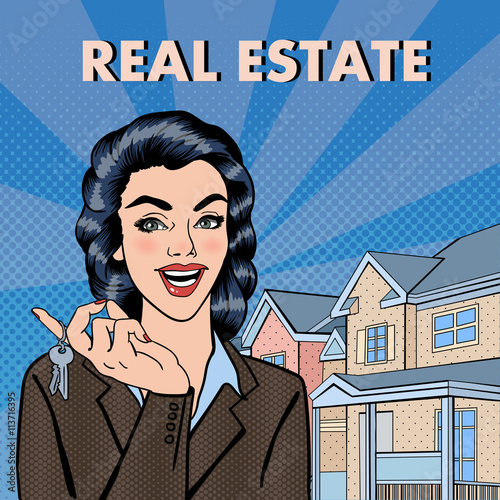 Woman Real Estate Agent Holding Keys from New House. Pop Art. Vector illustration