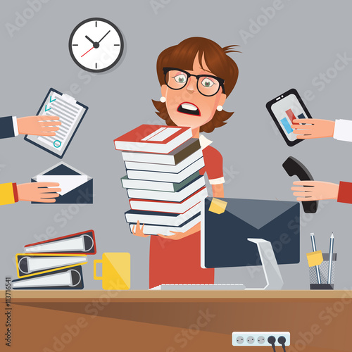 Stressed Business Woman with Documents in Office. Vector illustration