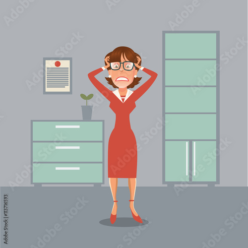 Stressed Business Woman Having a Headache in Office. Vector illustration