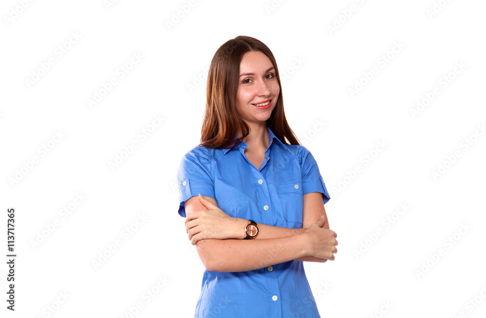 Smiling woman showing tumb sign. Isolated on white background Smiling woman showing tumb sign. Isolated on white background