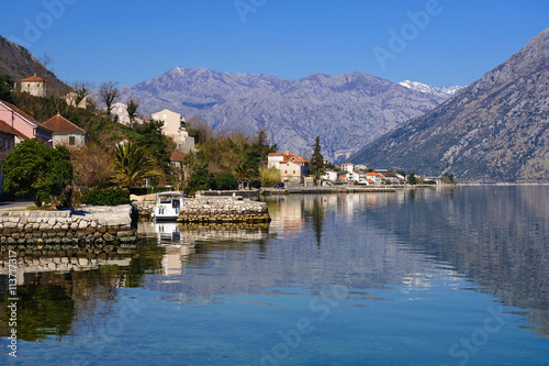 Waterfront of the small town of Prcanj along the Bay of Kotor  Montenegro