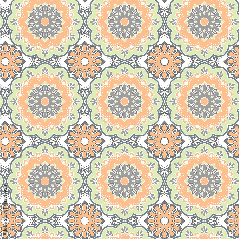 Seamless hand drawn mandala pattern. Vintage decorative elements.Orange, green, grey color tone background.Islam, Arabic, Indian, turkish,ottoman motifs.Perfect for printing on fabric or paper. Vector