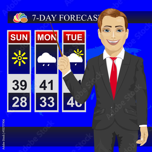 TV weather news reporter meteorologist anchorman reporting with pointer on monitor screen