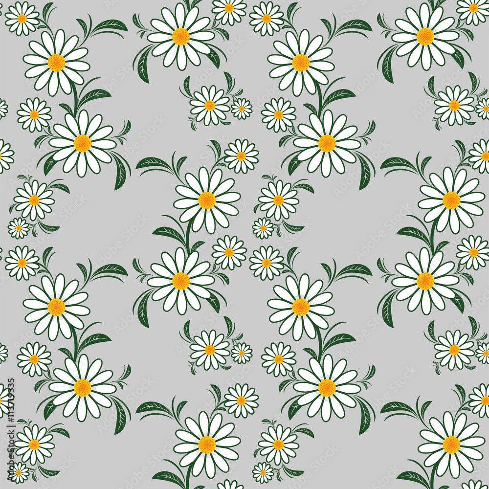 Flower seamless Pattern with Camomiles on gray.