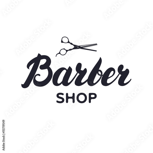 Logotype, label, badge for barbershop, hair salon with scissors.