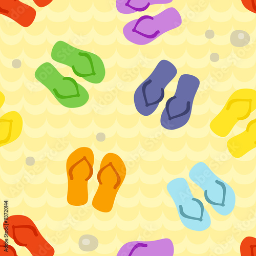 Seamless pattern with rainbow flip flops on a sand.