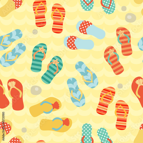 Seamless pattern with flip flops on a sand.