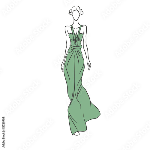 Vector fashion sketch. Beautiful model walking on runway