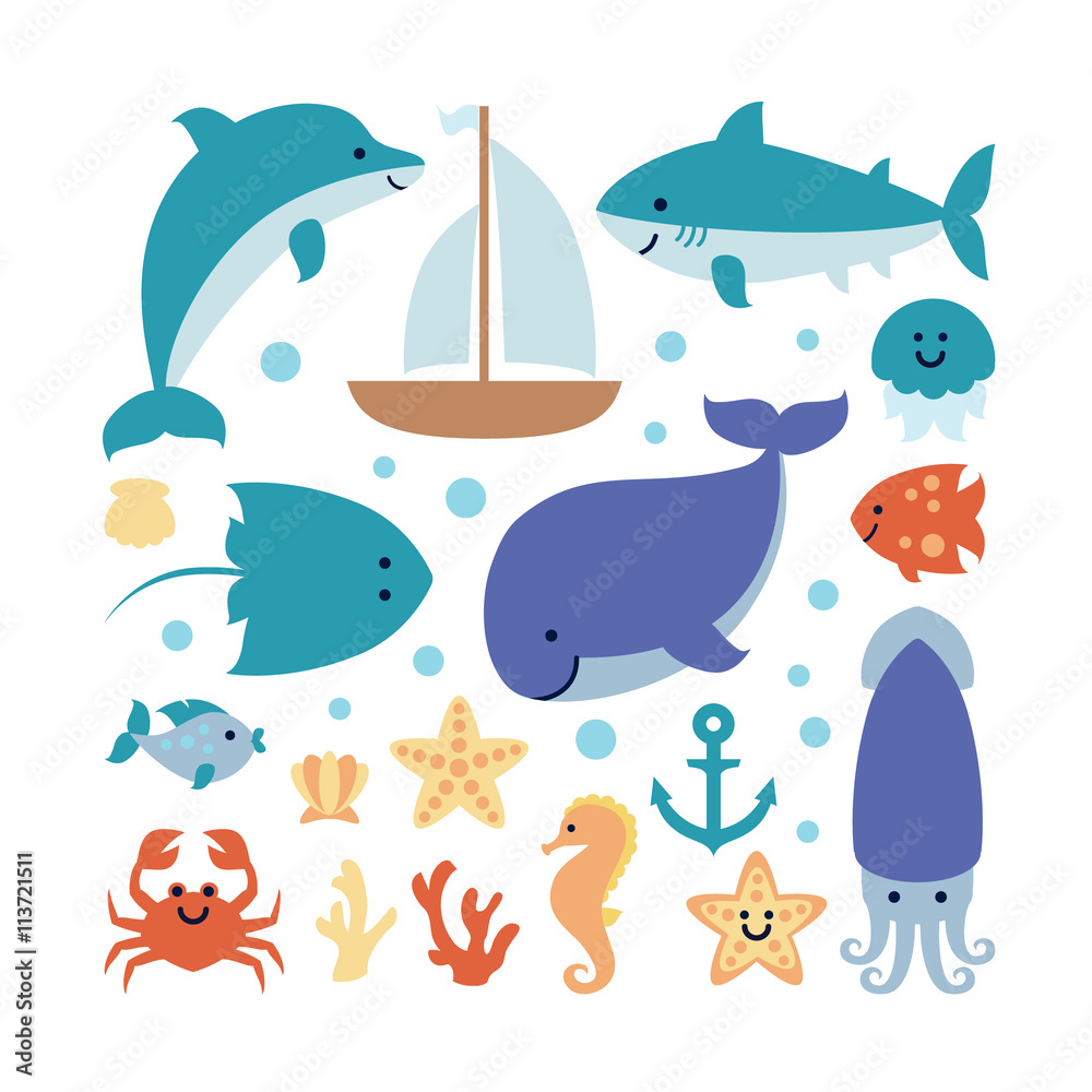 Fototapeta premium Set of sea theme isolated on white background.