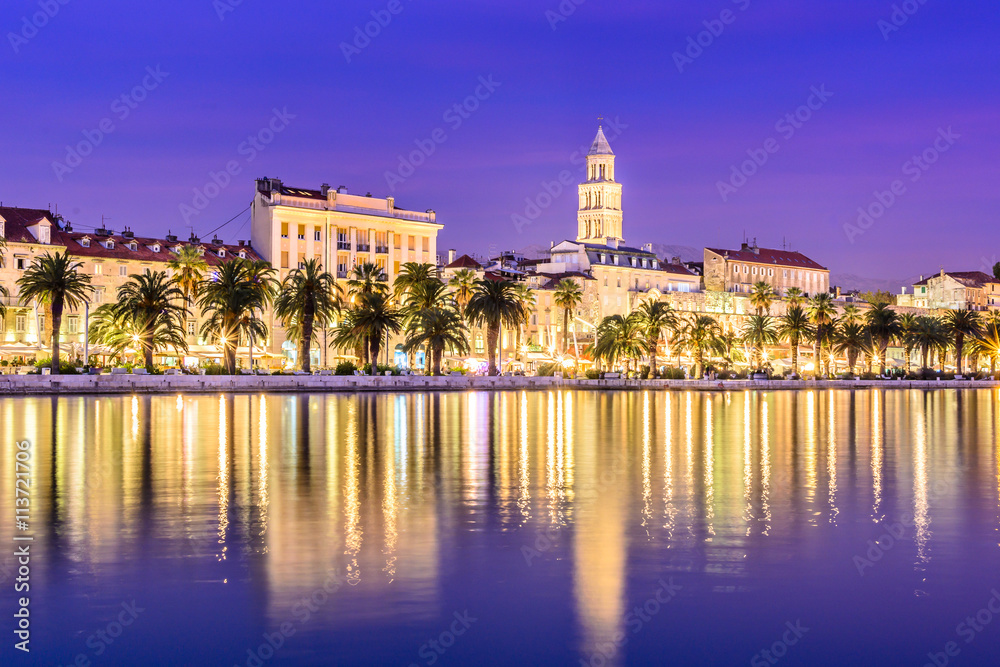 Split Croatia cityscape blue hour. / Waterfront view at Split city old center promenade in blue hour, Croatia.