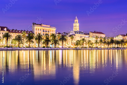 Split Croatia cityscape blue hour. / Waterfront view at Split city old center promenade in blue hour, Croatia.