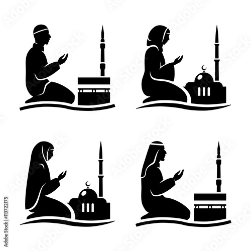 Traditionally clothed muslim man and woman making a supplication (salah) while sitting on a praying rug against the backdrop of the mosque. Vector 
illustration.
