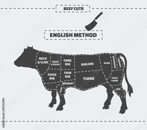 Cuts of beef. English method. Vector vintage monochrome illustration on a gray background.