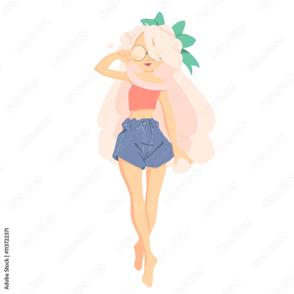 Vector illustration of a beautiful girl in sunglasses and shorts. Vector illustration of a beautiful girl in sunglasses and shorts.